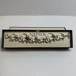 Vintage Napier Elephant Jeweled Multi Color  Enamel Bracelet Original Box 6.5”L
